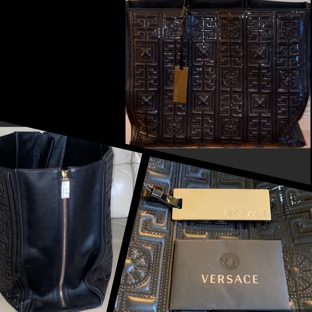 Versace Greek Key Black Patent Large Tote